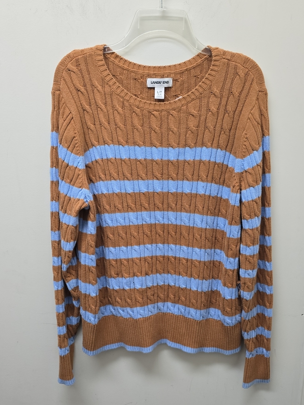 Lands' End Brown & Light Blue Striped Cable-Knit Crewneck Sweater - Size L Tall